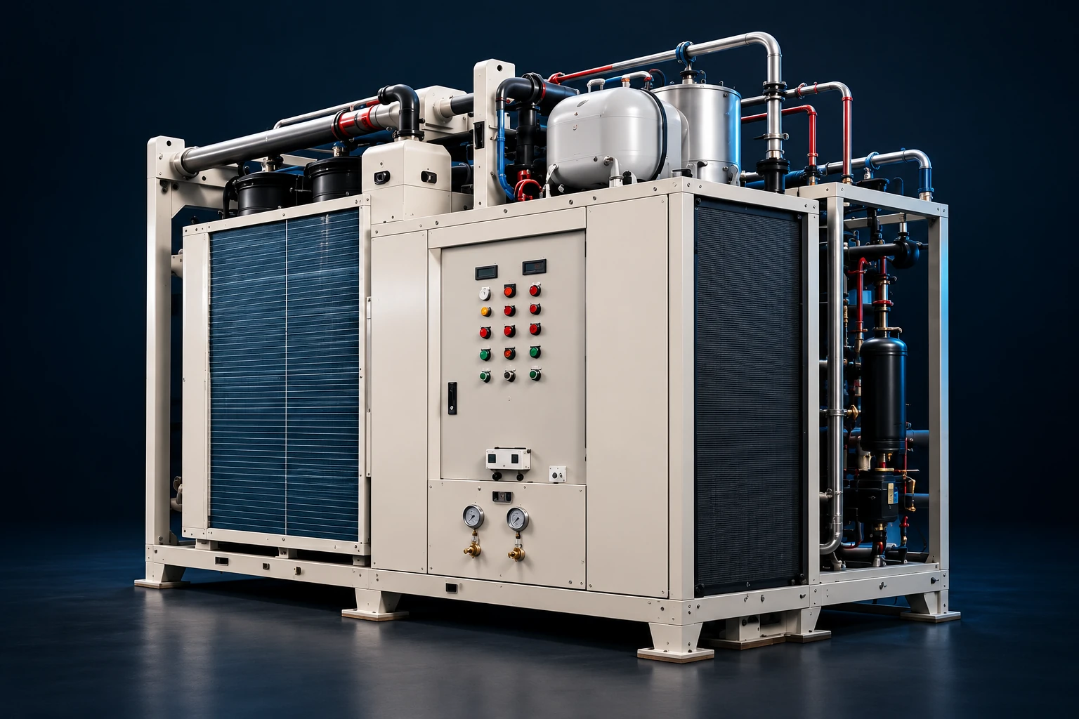 Conceptual visualization of an industrial heat pump unit